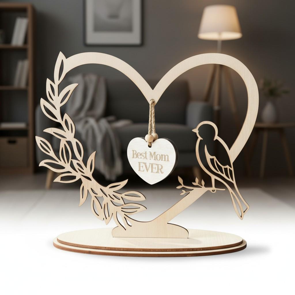 Personalized Wooden Heart Stand, Botanical Bird Decor, Mother's Day Gift