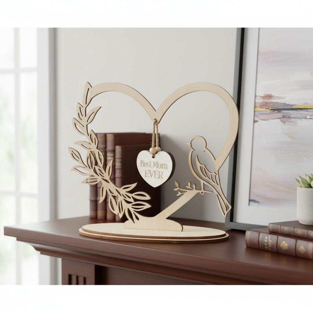 Personalized Wooden Heart Stand, Botanical Bird Decor, Mother's Day Gift