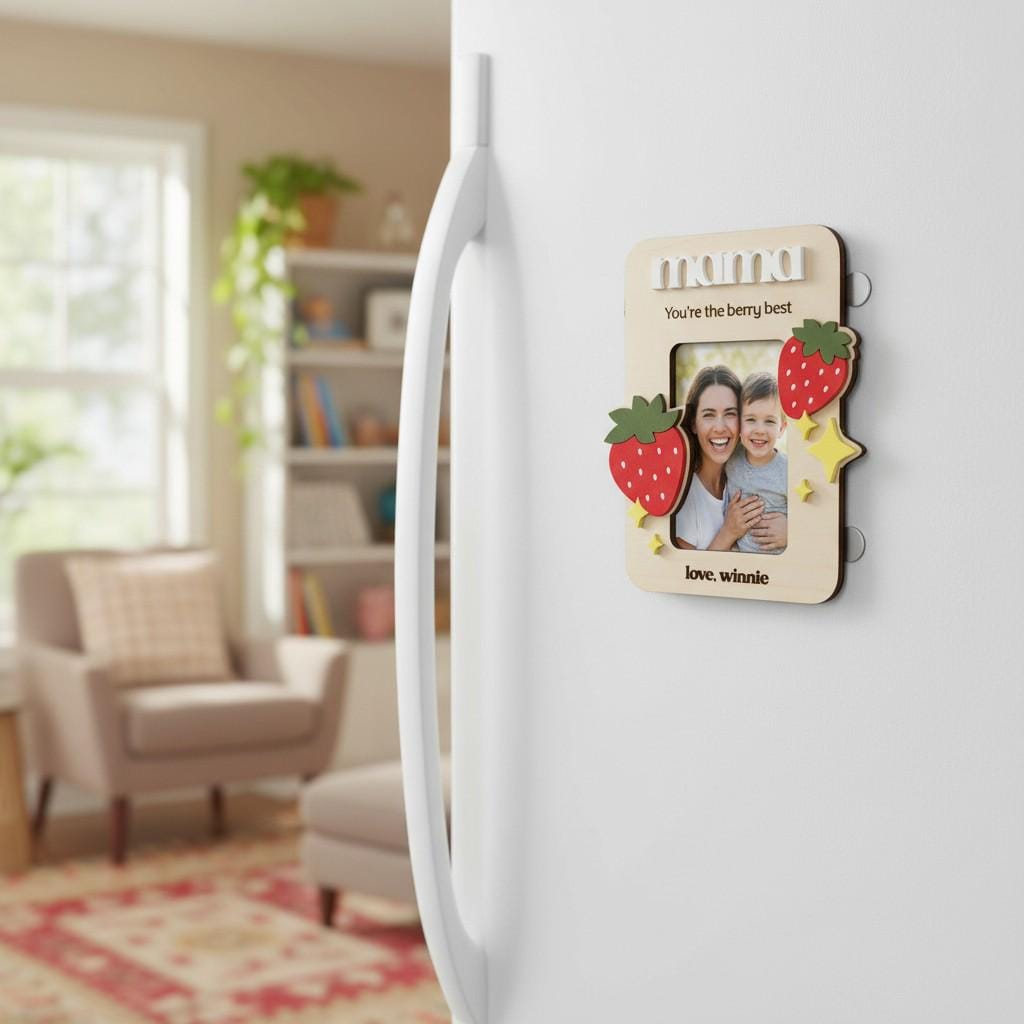 Personalized Strawberry Photo Frame – Wood Magnet, Mother's Day Gift