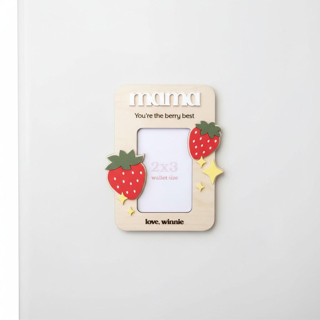 Personalized Strawberry Photo Frame – Wood Magnet, Mother's Day Gift