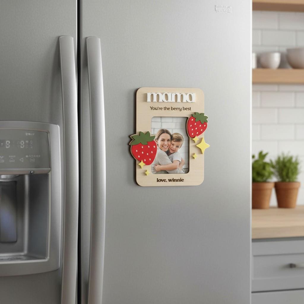 Personalized Strawberry Photo Frame – Wood Magnet, Mother's Day Gift