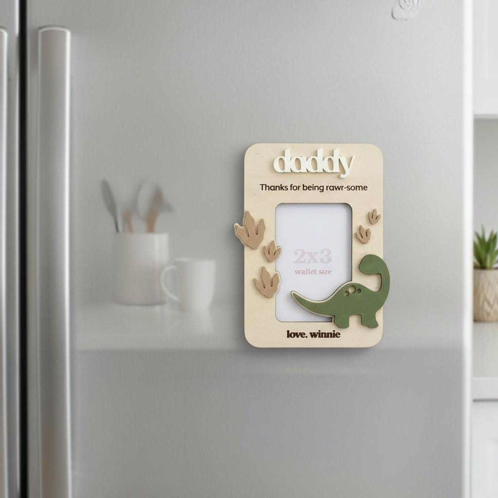 Personalized Dinosaur Fridge Frame –Father's/ Mother's Day Wood Magnet Gift