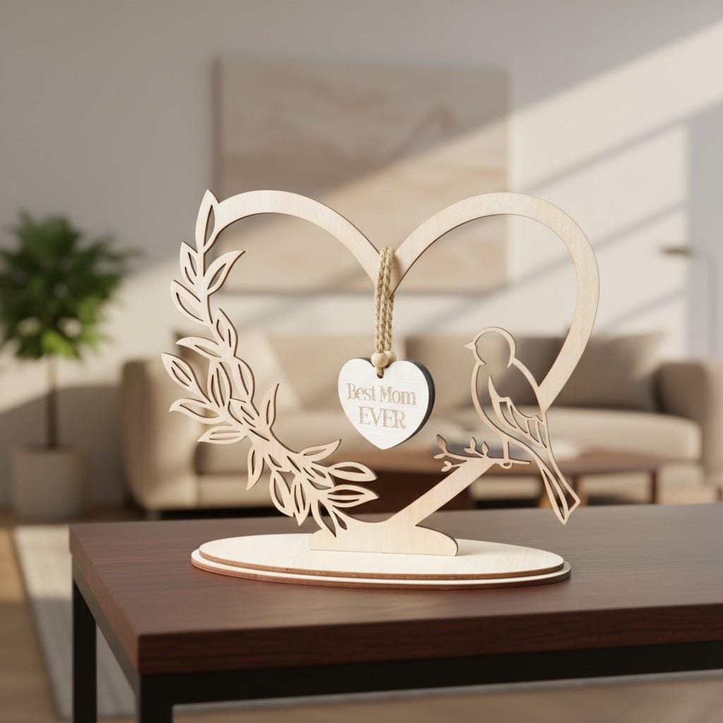 Personalized Wooden Heart Stand, Botanical Bird Decor, Mother's Day Gift