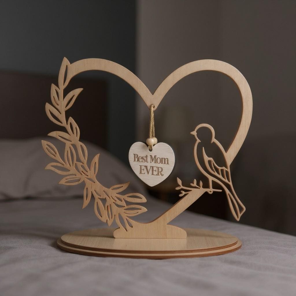 Personalized Wooden Heart Stand, Botanical Bird Decor, Mother's Day Gift