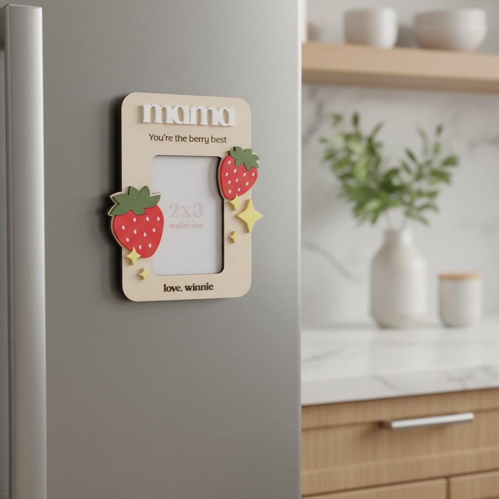 Personalized Strawberry Photo Frame – Wood Magnet, Mother's Day Gift