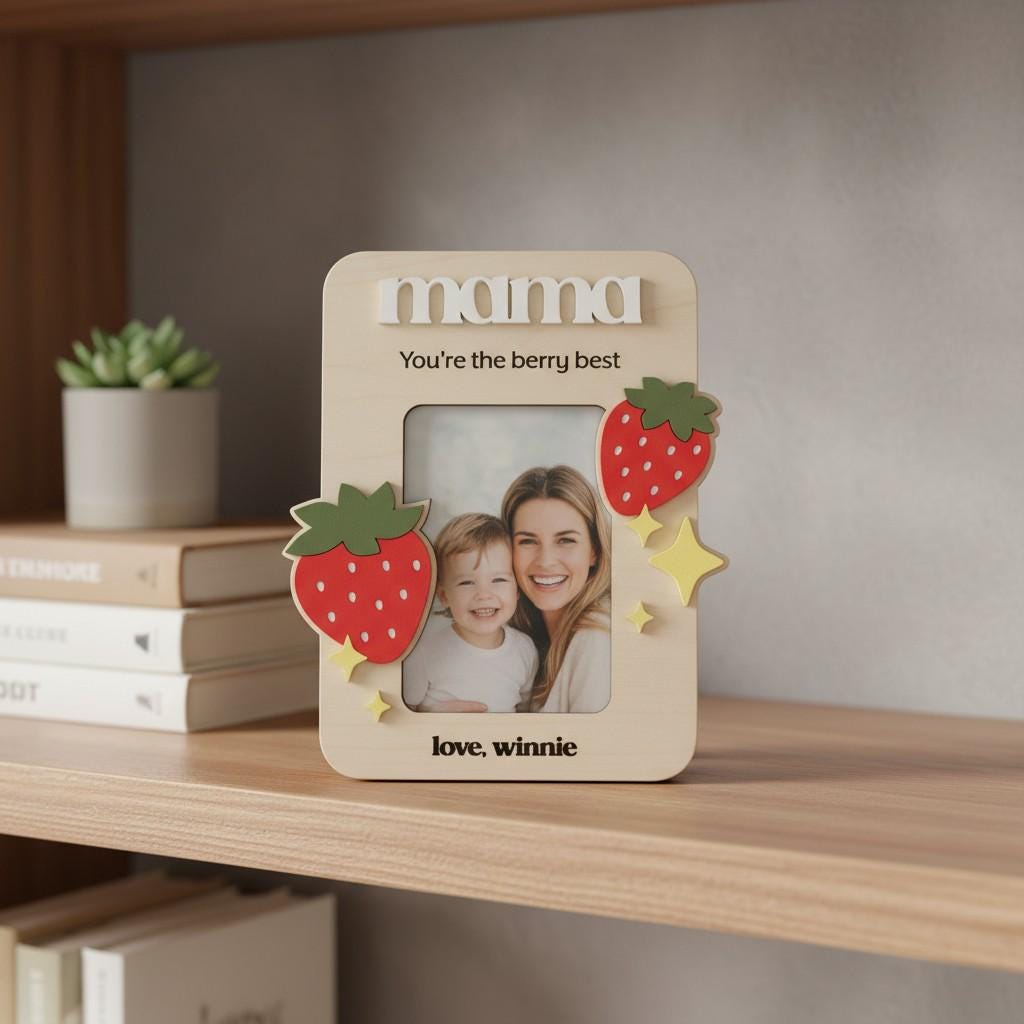 Personalized Strawberry Photo Frame – Wood Magnet, Mother's Day Gift