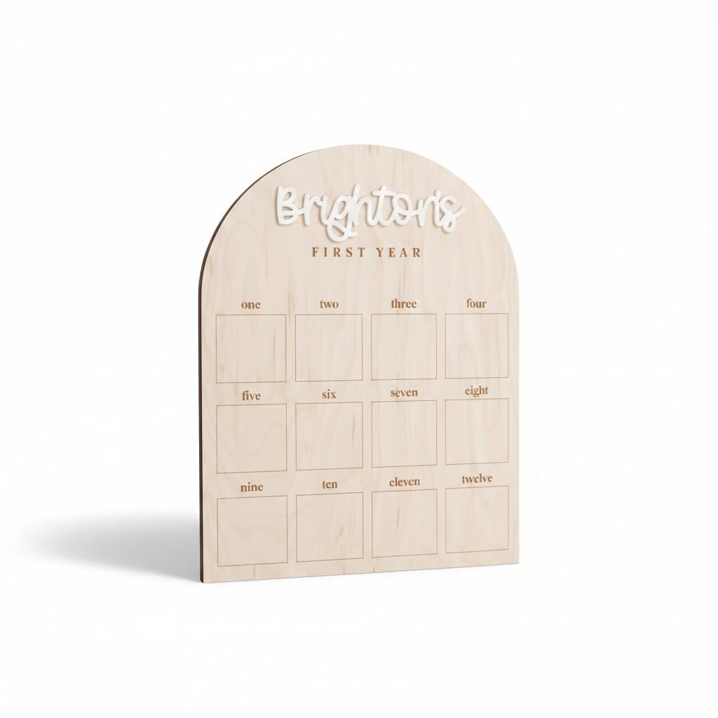 Baby's First Year Monthly Photo Frame | Personalized Name with Acrylic Letters | Laser Engraved Wood