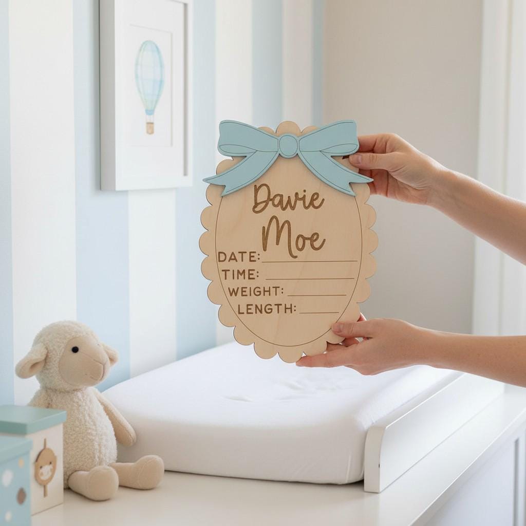 Personalized Baby Bow Birth Stat Sign - Custom Newborn Announcement Keepsake