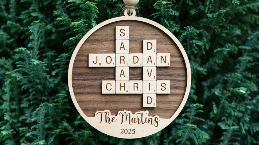 Personalized Family Names Crossword Ornament – Custom Scrabble Style Wood